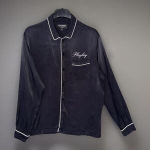 Playboy by PacSun Black Satin Pajama Shirt Button Up White Piping Script Logo L